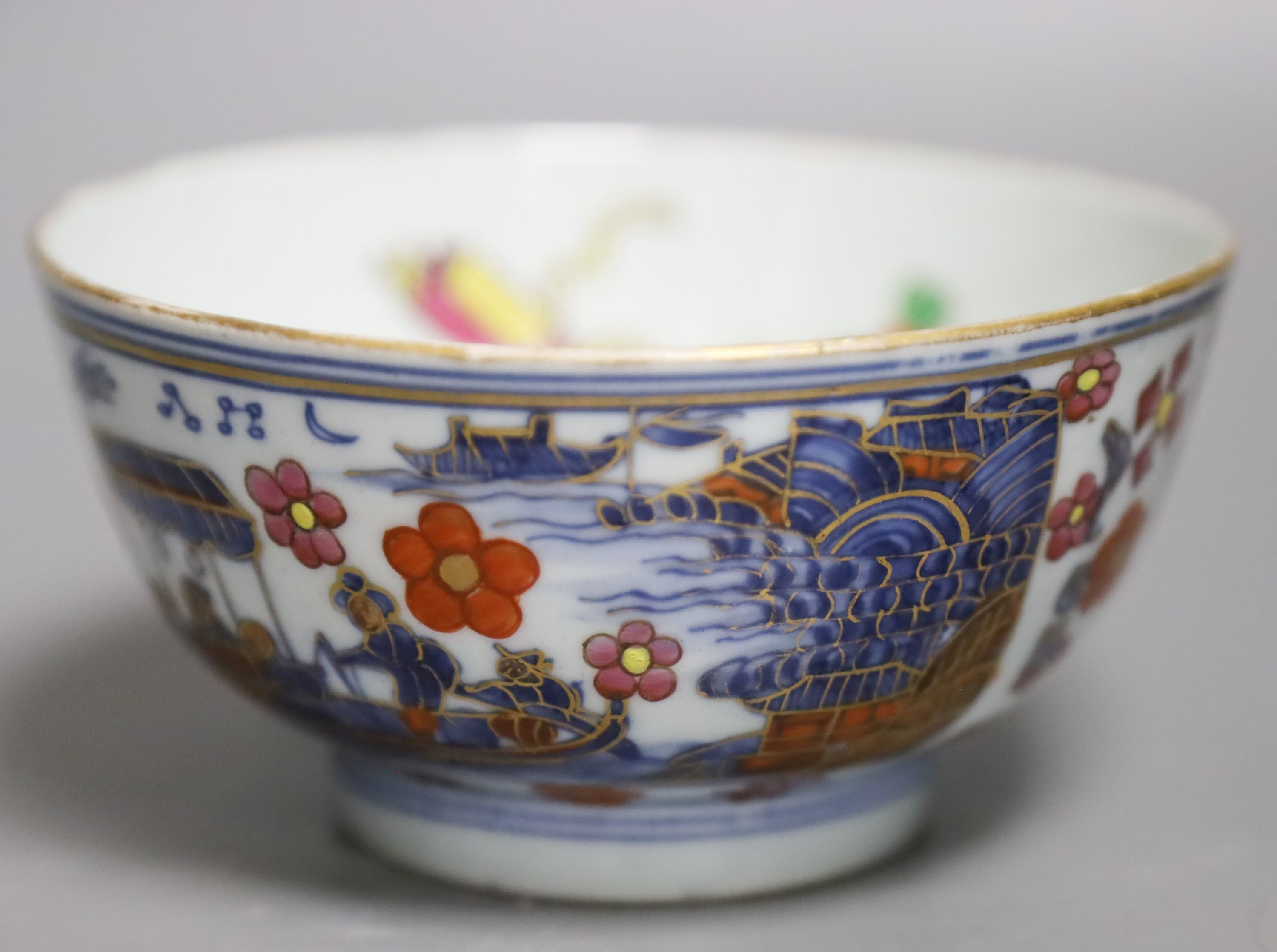 A 19th century Chinese famille rose bowl, wear to gilding, 12cm